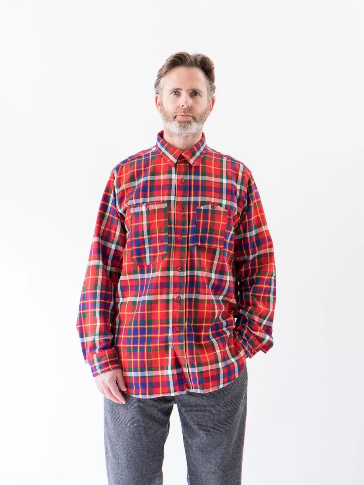 Red/Green/Yellow Cotton Twill Plaid Work Shirt^Engineered Garments Fashion